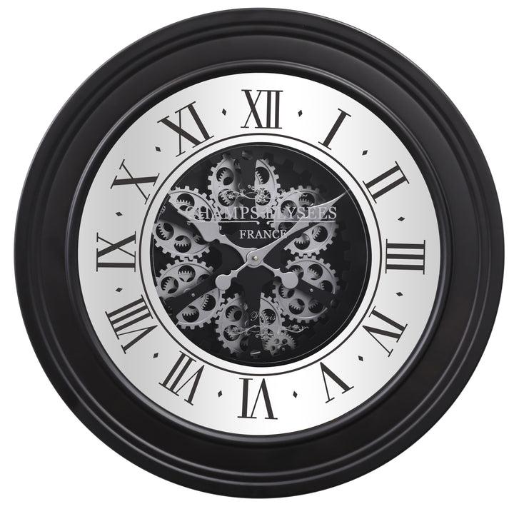 Chilli Decor Champs Elysees Mirrored Black Silver Moving Gears Wall Clock 80cm TQ-Y617 1