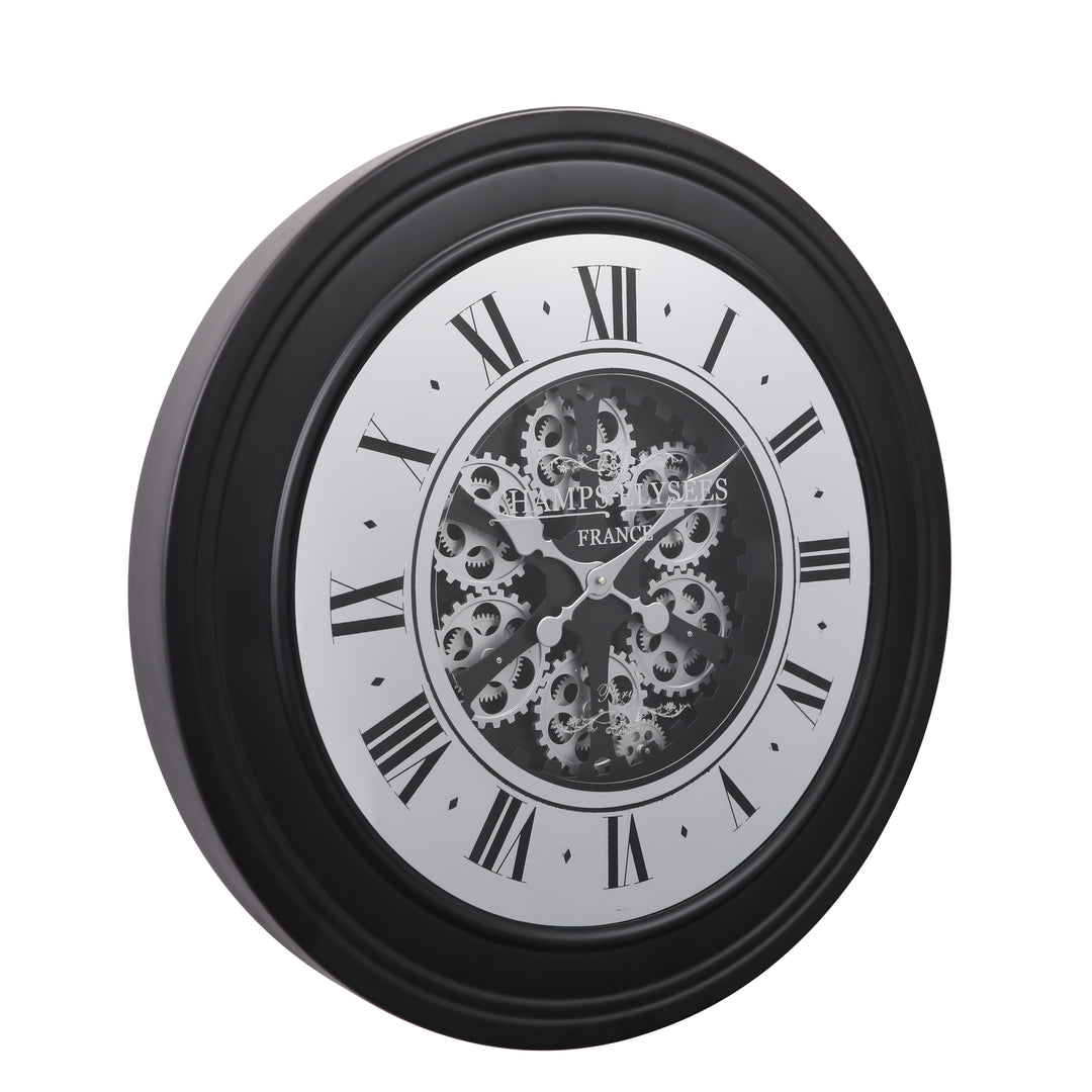 Chilli Decor Champs Elysees Mirrored Black Silver Moving Gears Wall Clock 80cm TQ-Y617 2