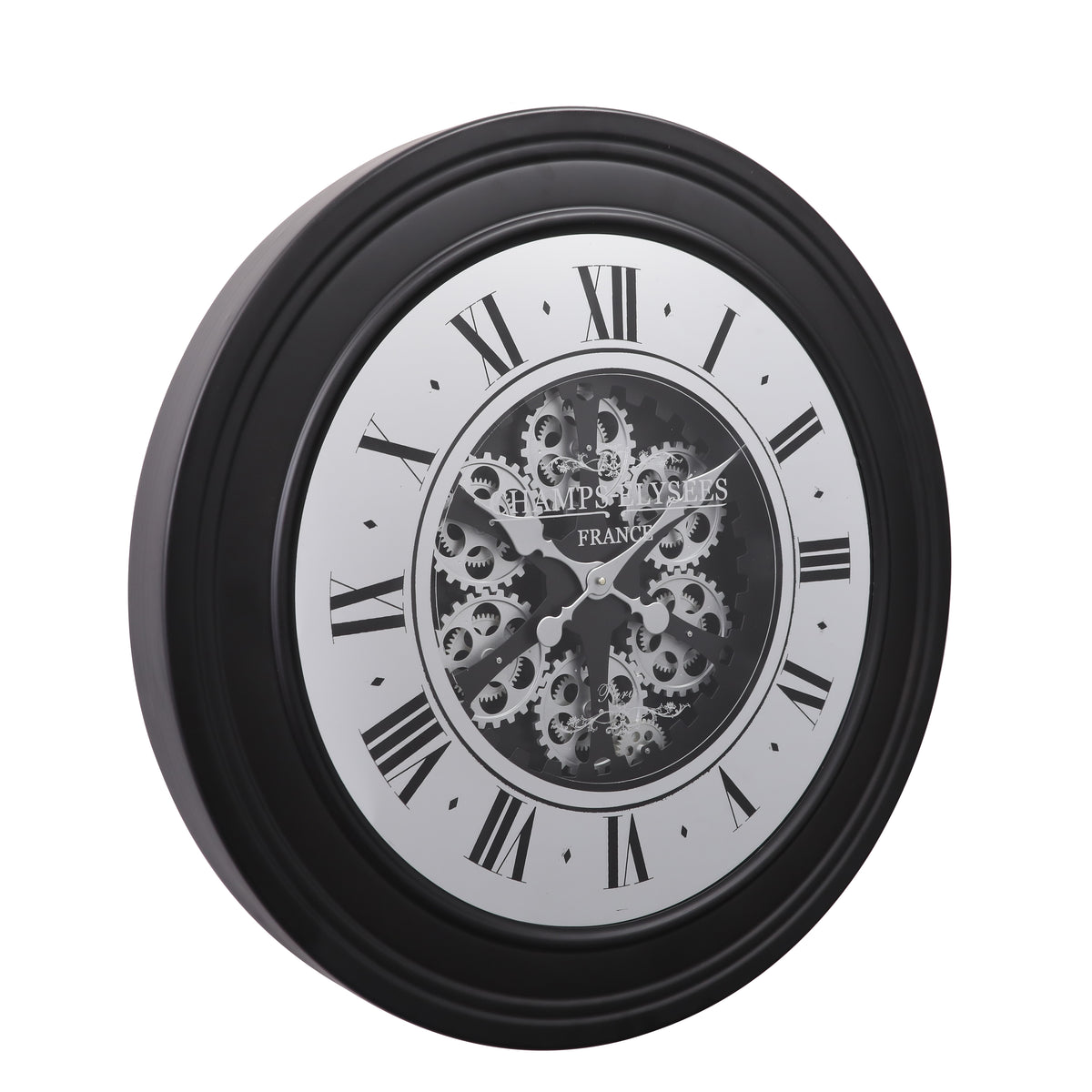 Chilli Decor Champs Elysees Mirrored Black Silver Moving Gears Wall Clock 80cm TQ-Y617 2