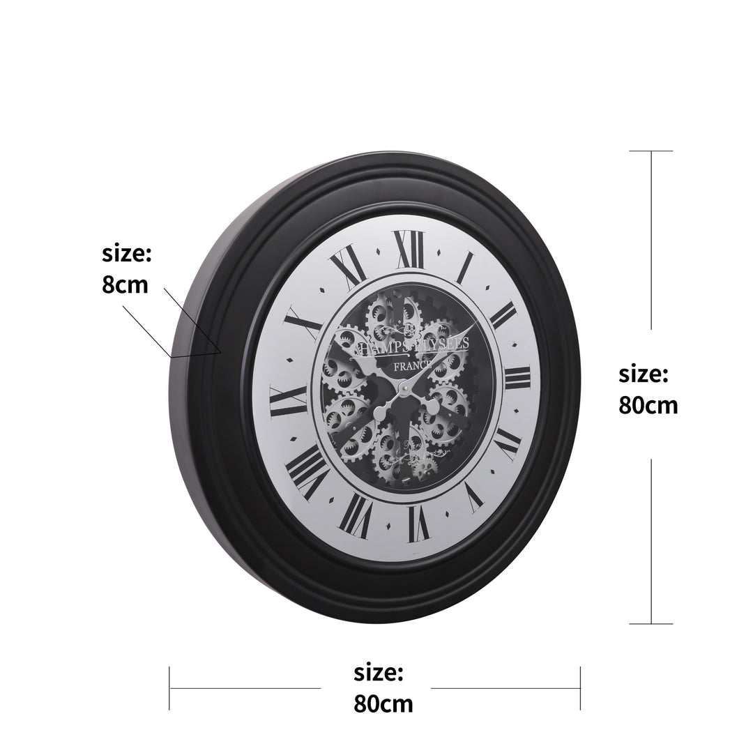 Chilli Decor Champs Elysees Mirrored Black Silver Moving Gears Wall Clock 80cm TQ-Y617 9