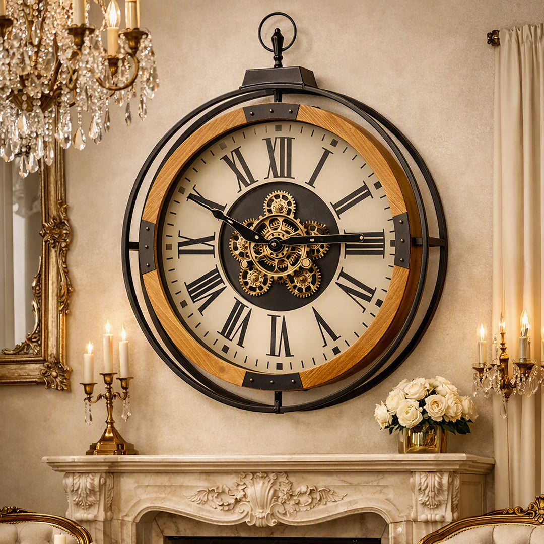 Chilli Decor Clayton FOB Wooden Metal Moving Gears Wall Clock 74cm TQ-E39 