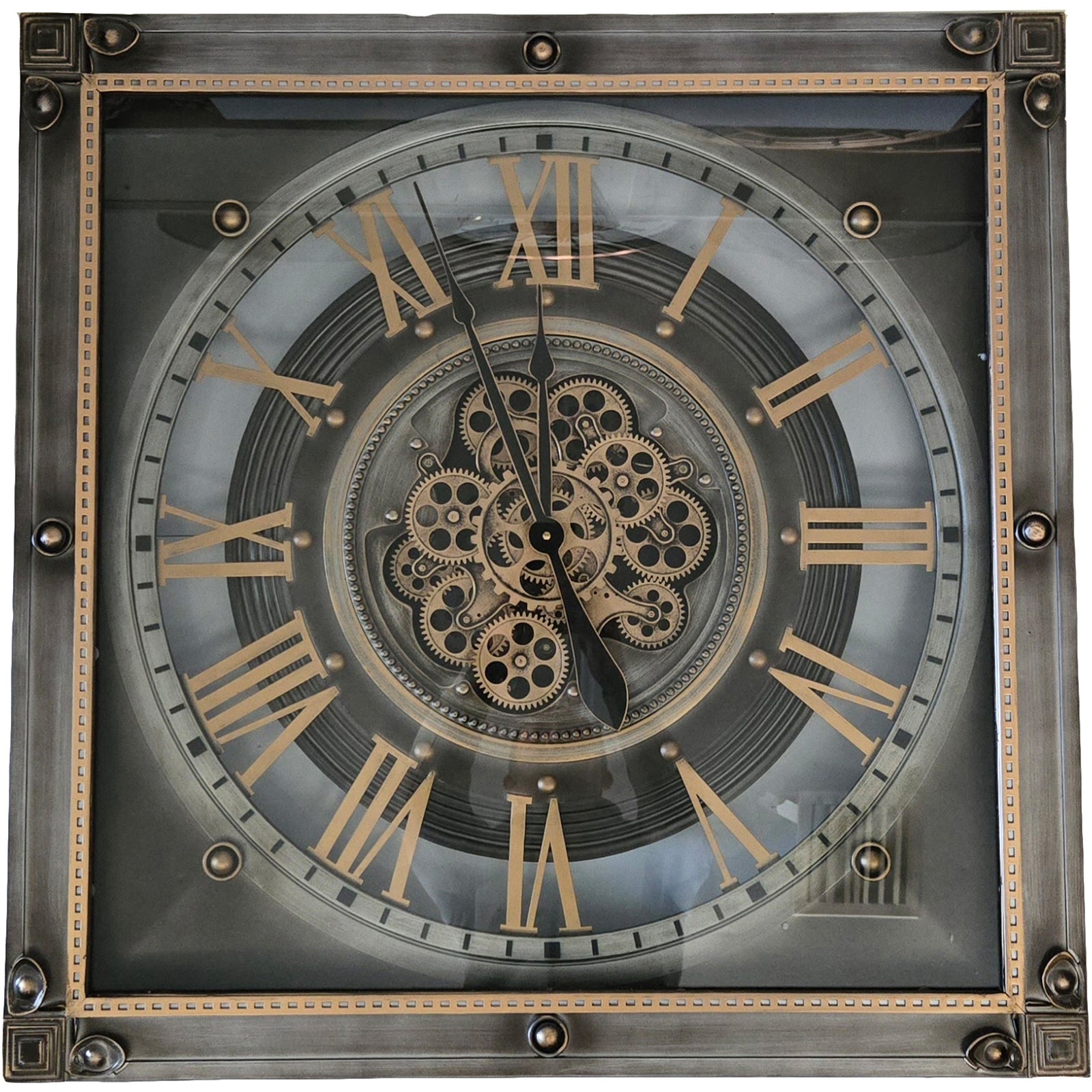 Chilli Decor Cliftonville Square Silver Gold Metal Moving Gears Wall Clock 80cm TQ-Y786 1