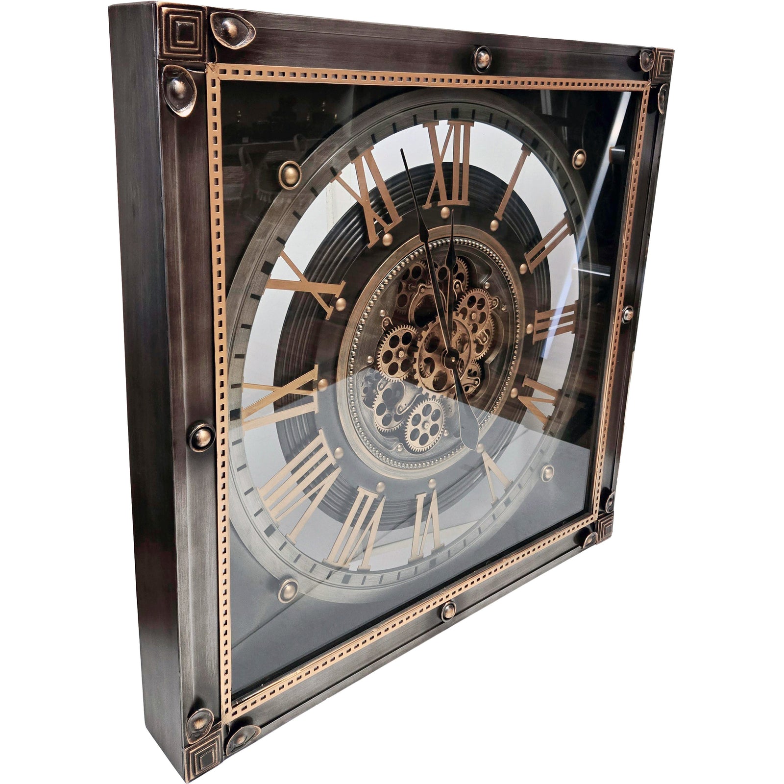 Chilli Decor Cliftonville Square Silver Gold Metal Moving Gears Wall Clock 80cm TQ-Y786 2