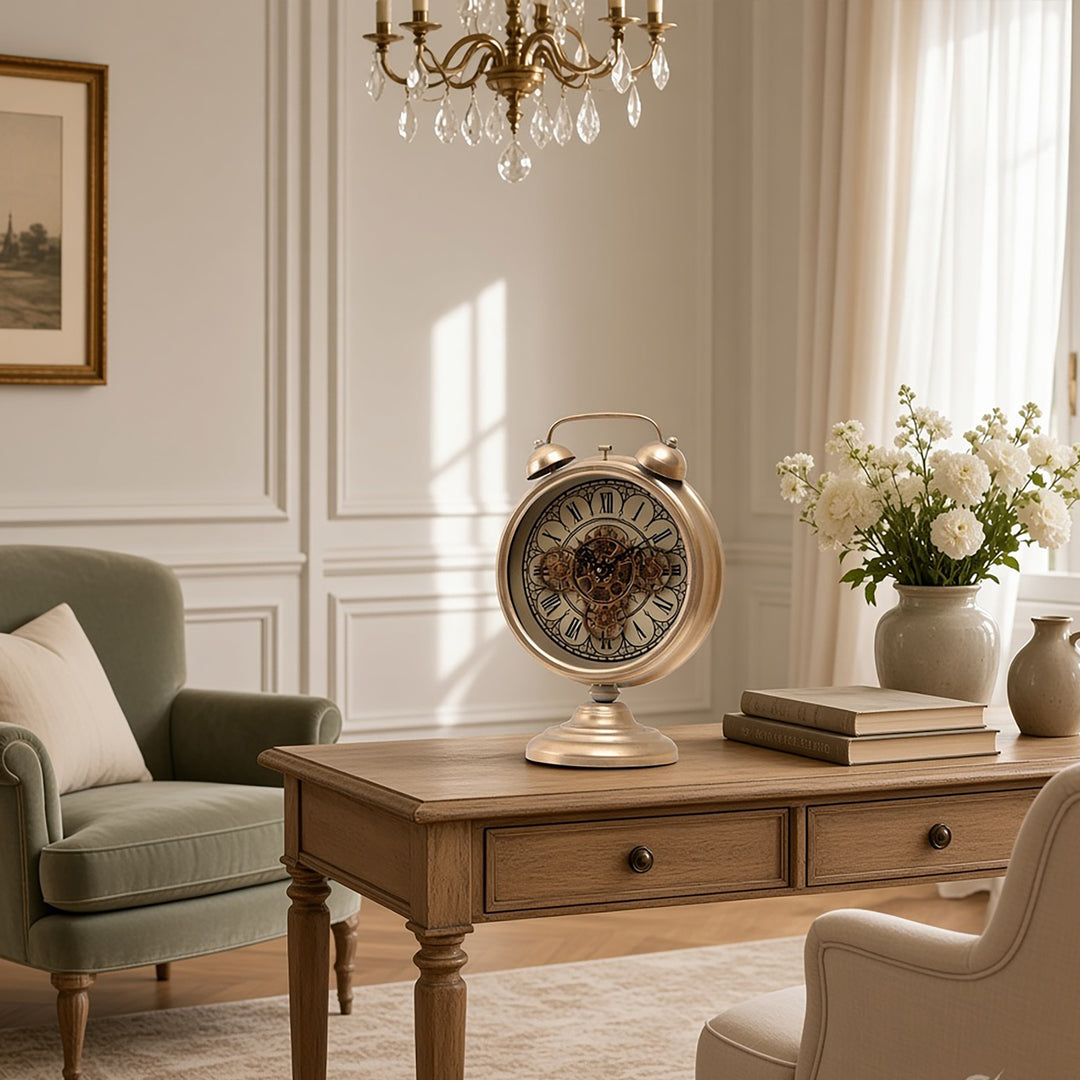 Chilli Decor Eddison Twin Bell Gold Metal Moving Gears Clock Desk Clock 52cm TQ-E08 4