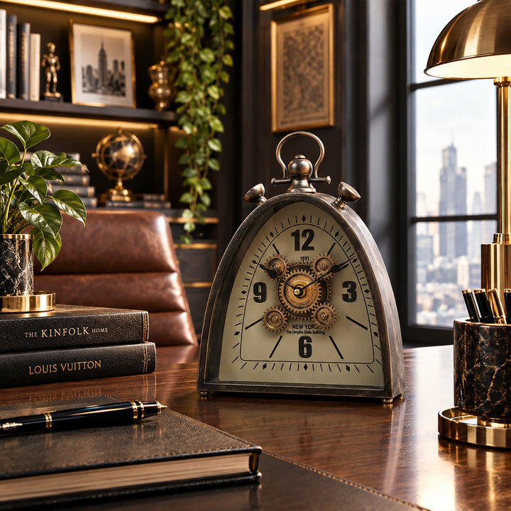 Chilli Decor Empire State 1931 Metal Moving Cogs FOB Desk Clock Charcoal 33cm TQ-E56 5