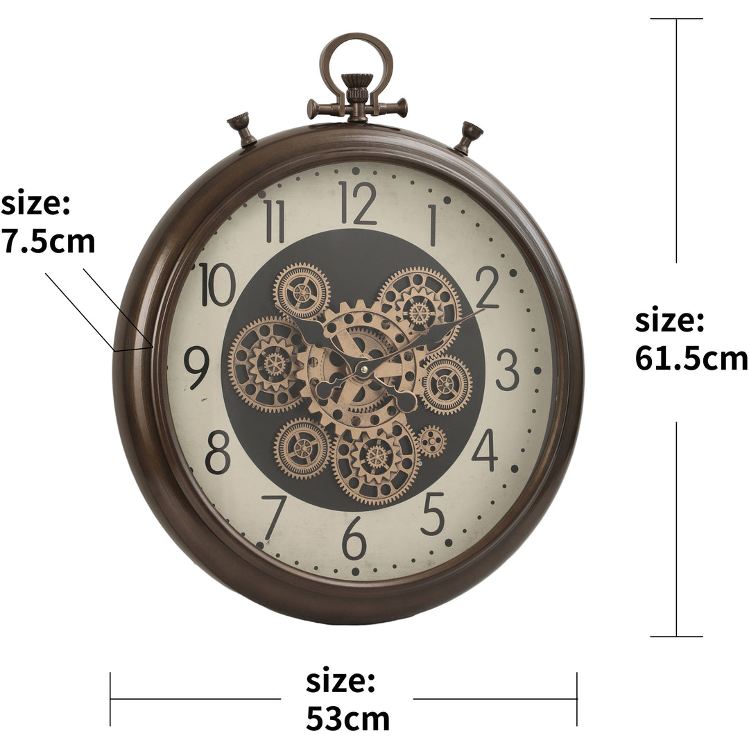 Fob Clock Colour In FOB Chronograph Metal Moving Gears Wall Clock Numbers Brown – Oh Clocks