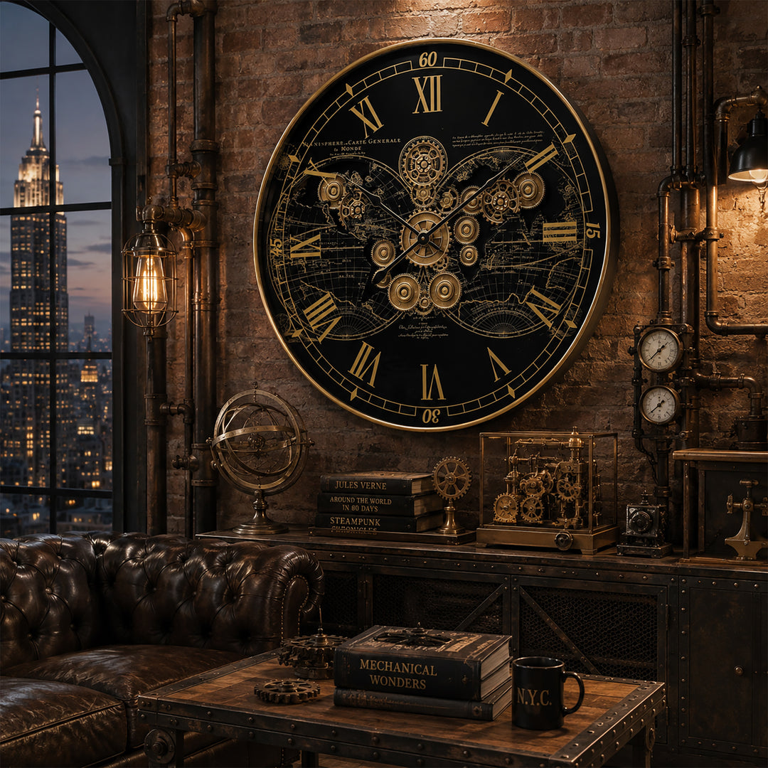 Chilli Decor Giant Vasco Map Metal Moving Gears Wall Clock Black Gold 100cm TQ-E102 5