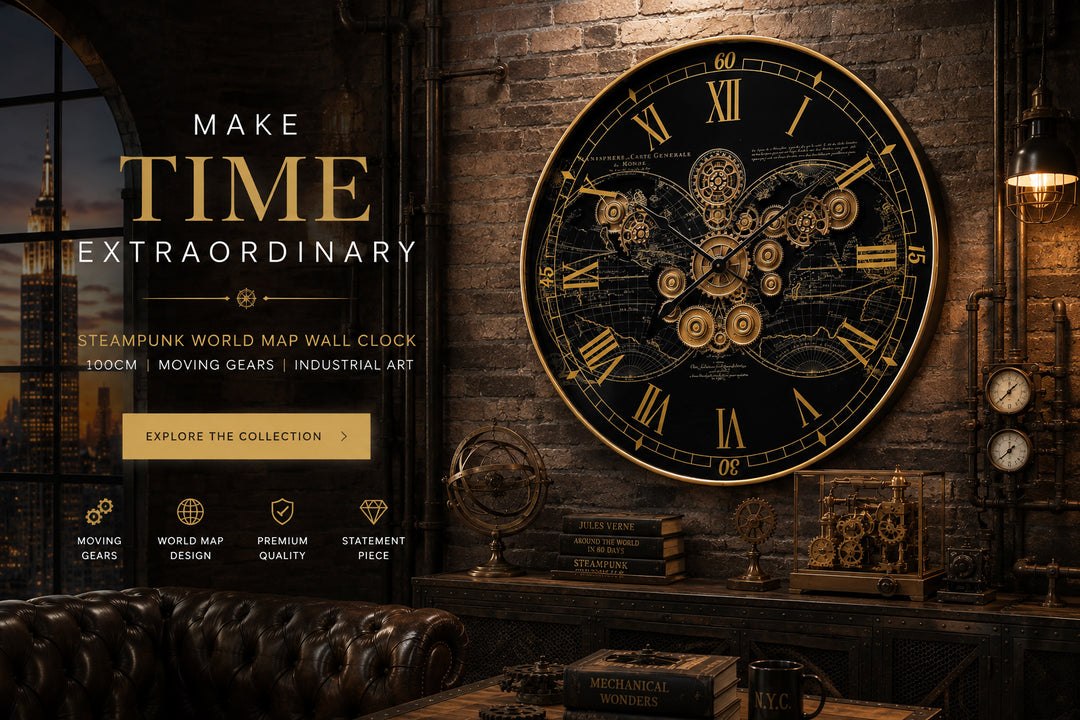 Chilli Decor Giant Vasco Map Metal Moving Gears Wall Clock Black Gold 100cm TQ-E102 6