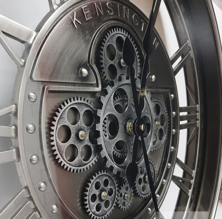 Chilli Decor Kensington Industrial Silver Wash Iron Moving Gears Wall Clock 55cm TQ-Y695 3