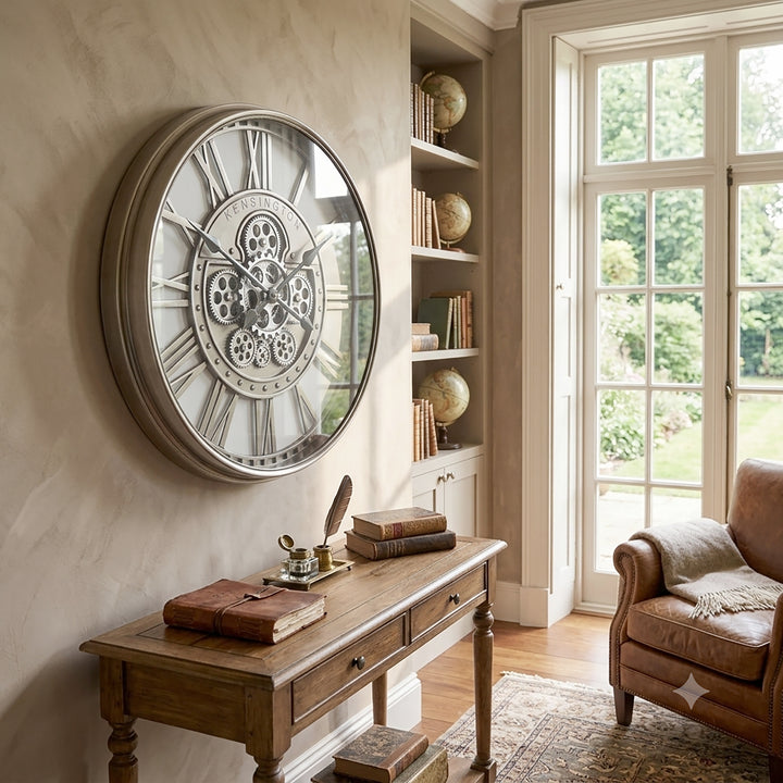 Chilli Decor Kensington Industrial Silver Wash Iron Moving Gears Wall Clock 55cm TQ-Y695 7