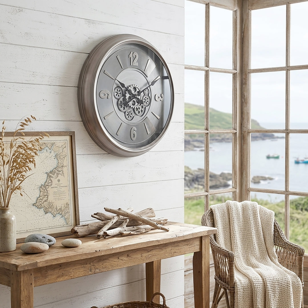 Chilli Decor Leroy Industrial Silver Wash Metal Moving Gears Wall Clock 62cm TQ-Y694 9
