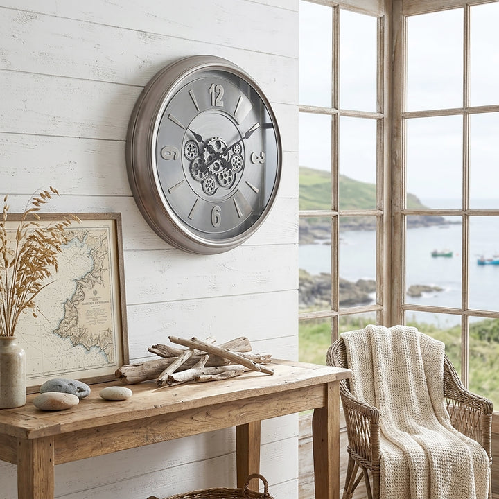 Chilli Decor Leroy Industrial Silver Wash Metal Moving Gears Wall Clock 62cm TQ-Y694 9