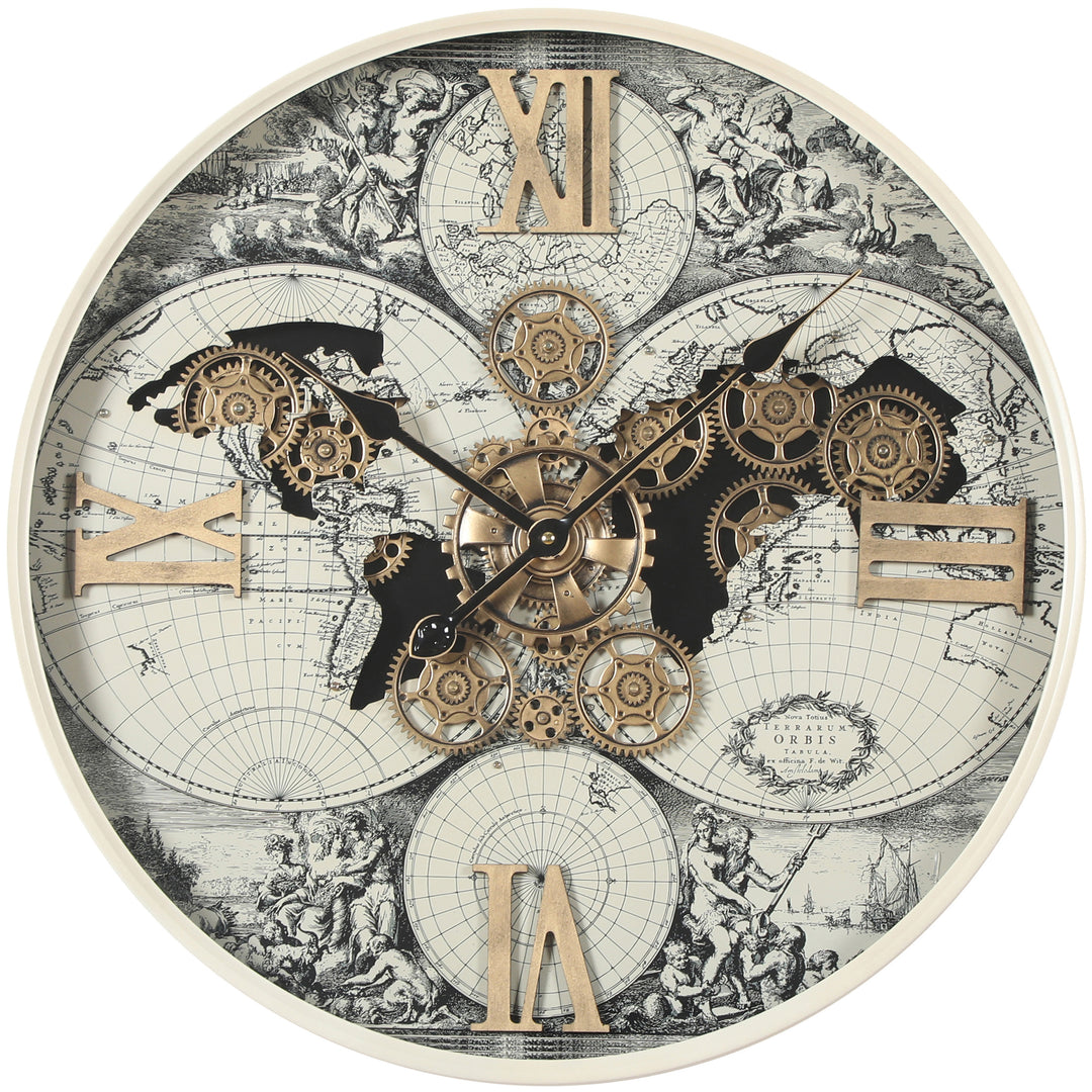 Chilli Decor Magellan Antique Map Cream Metal Moving Gears Wall Clock 60cm TQ-E191 1
