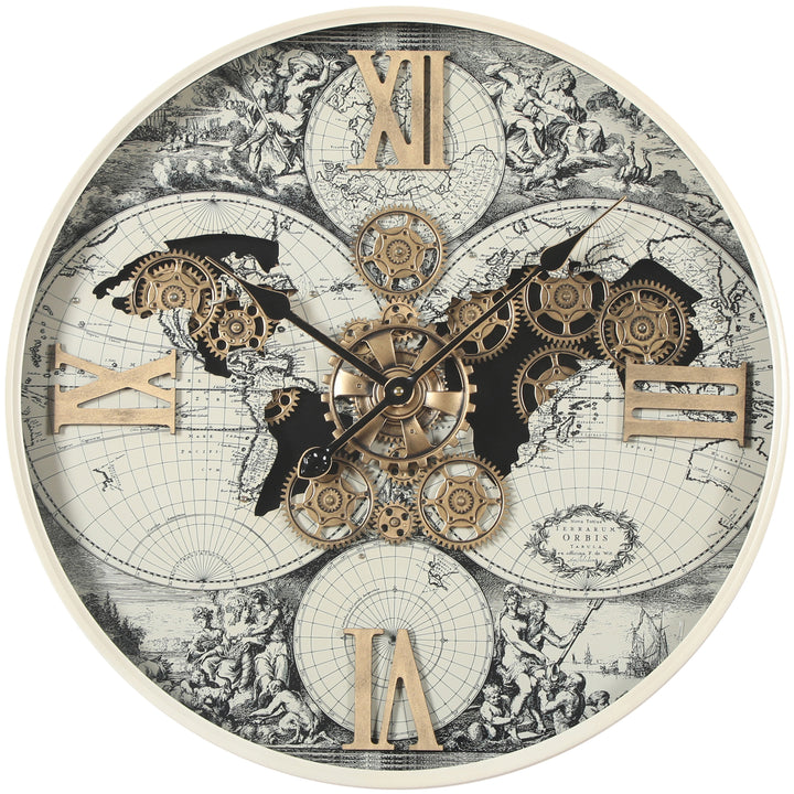 Chilli Decor Magellan Antique Map Cream Metal Moving Gears Wall Clock 60cm TQ-E191 1