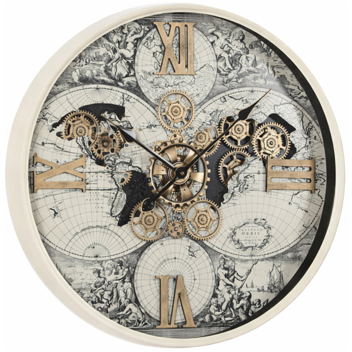 Chilli Decor Magellan Antique Map Cream Metal Moving Gears Wall Clock 60cm TQ-E191 2