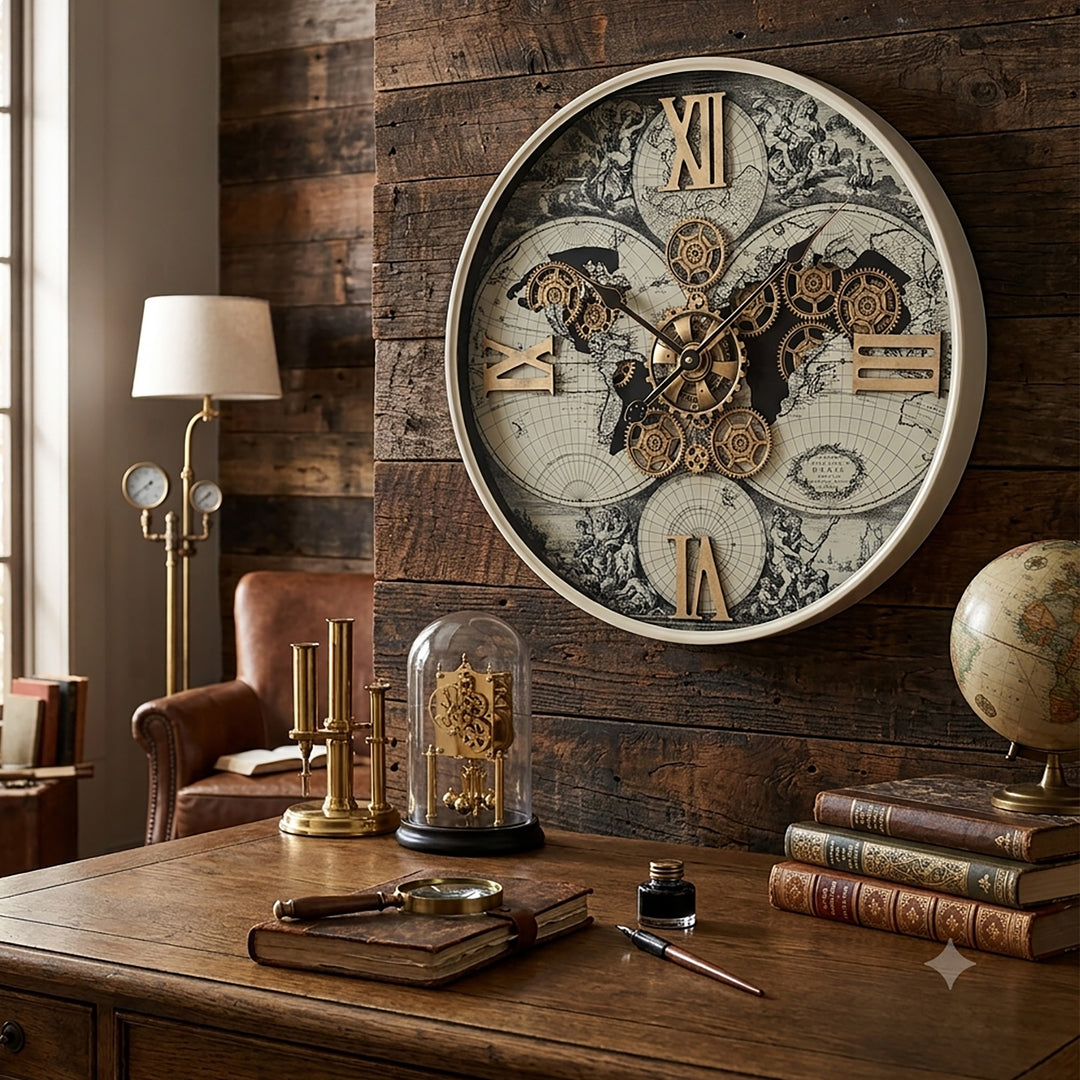 Chilli Decor Magellan Antique Map Cream Metal Moving Gears Wall Clock 60cm TQ-E191 3