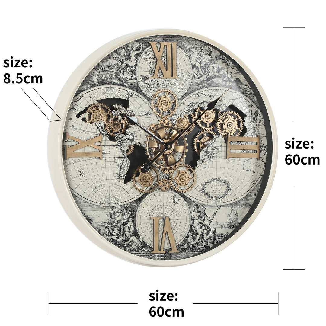 Chilli Decor Magellan Antique Map Cream Metal Moving Gears Wall Clock 60cm TQ-E191 5
