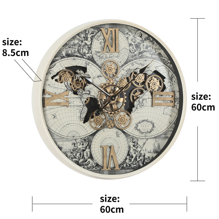 Chilli Decor Magellan Antique Map Cream Metal Moving Gears Wall Clock 60cm TQ-E191 5