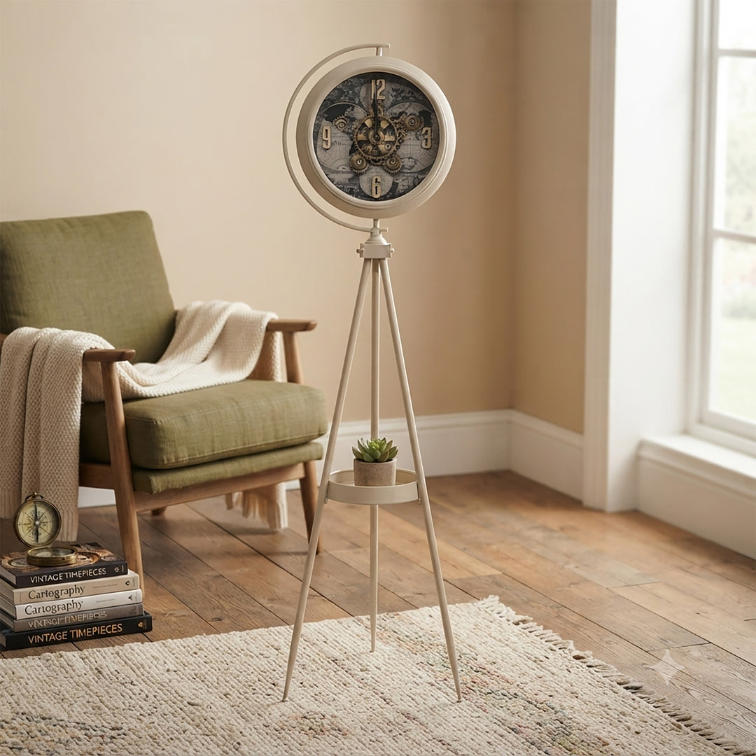Chilli Decor Magellan Map Cream Metal Tripod Moving Gears Floor Clock 160cm TQ-E224 2