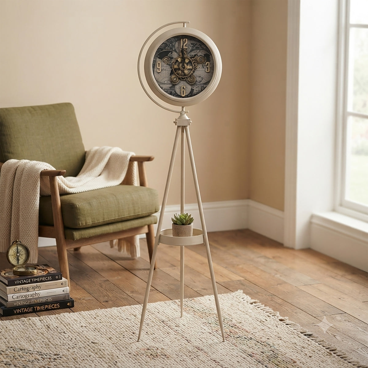 Chilli Decor Magellan Map Cream Metal Tripod Moving Gears Floor Clock 160cm TQ-E224 2