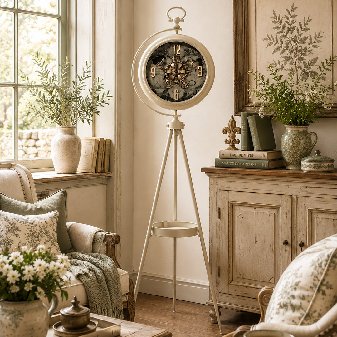 Chilli Decor Magellan Map Cream Metal Tripod Moving Gears Floor Clock 192cm TQ-E208 2 