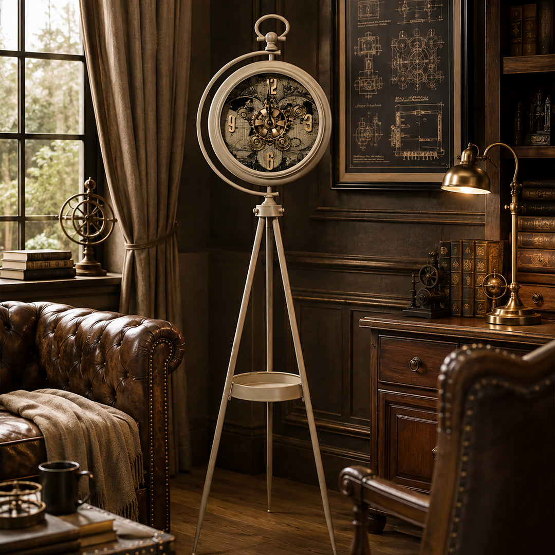 Chilli Decor Magellan Map Cream Metal Tripod Moving Gears Floor Clock 192cm TQ-E208 3