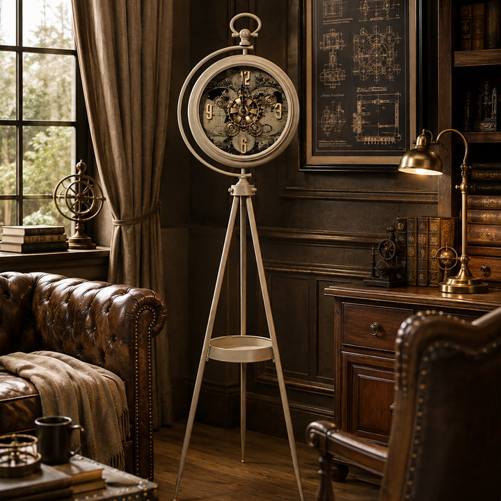 Chilli Decor Magellan Map Cream Metal Tripod Moving Gears Floor Clock 192cm TQ-E208 3
