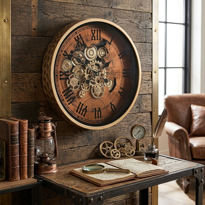 Chilli Decor Marco Copper Map Honeycomb Metal Moving Gears Wall Clock 48cm TQ-E193 3