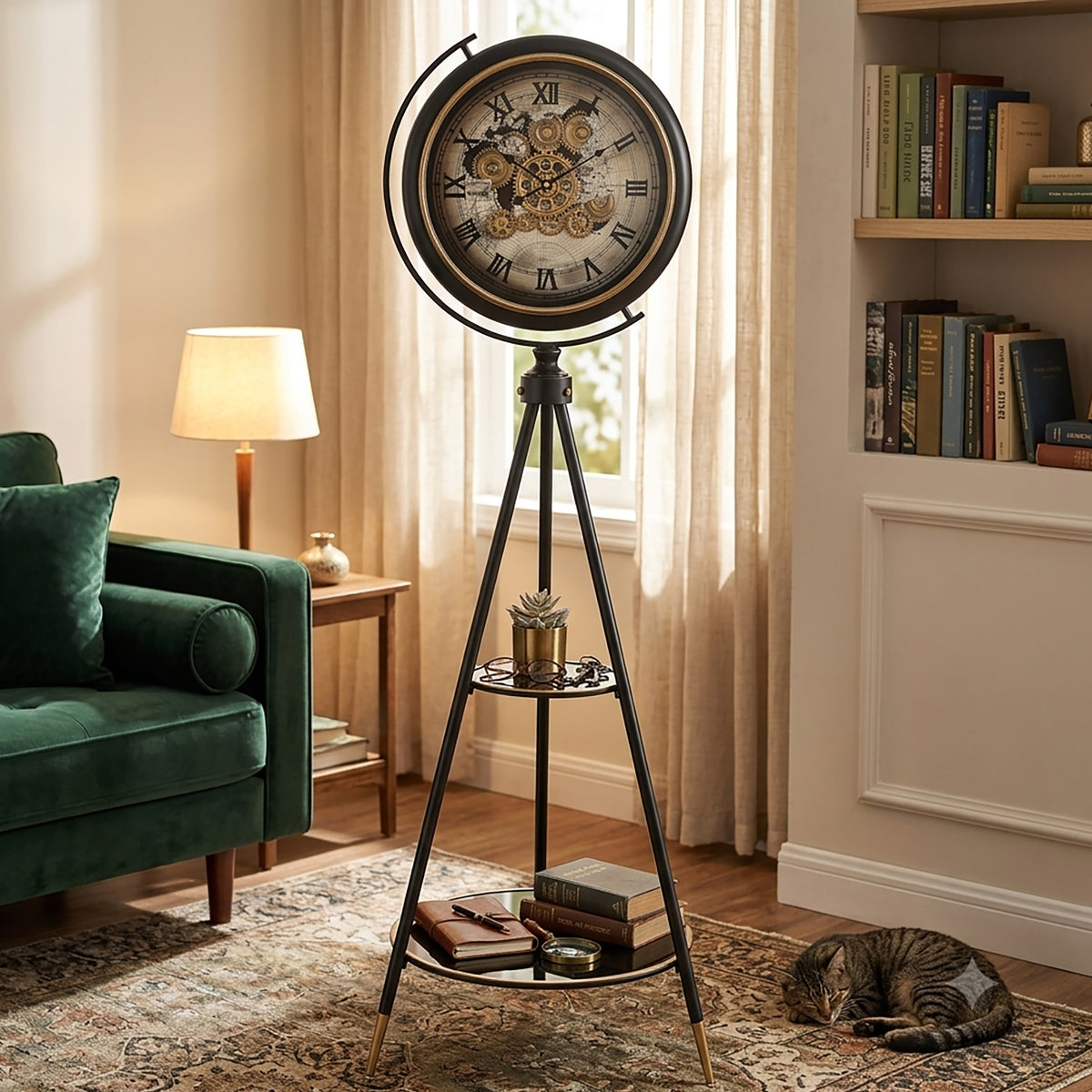 Chilli Decor Marco Map Black Silver Metal Tripod Moving Gears Floor Clock 192cm TQ-E149 2