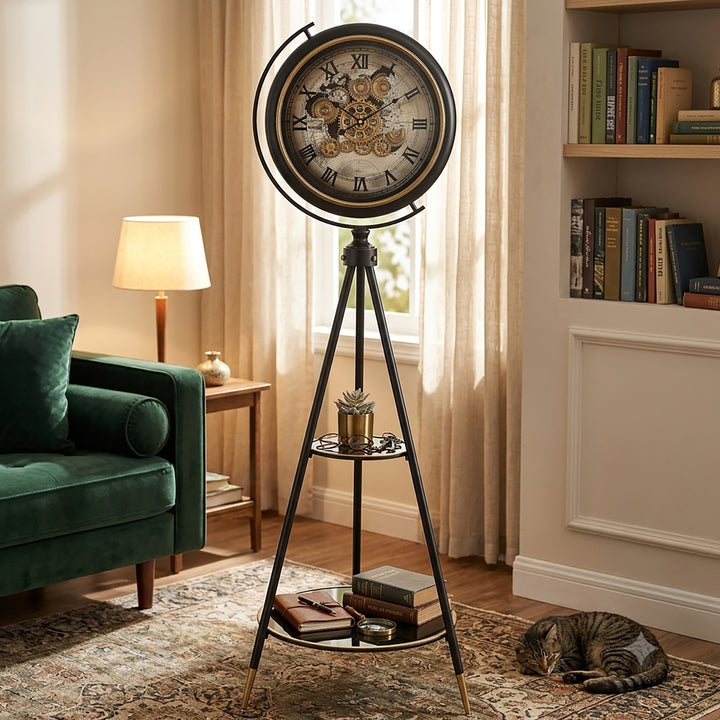 Chilli Decor Marco Map Black Silver Metal Tripod Moving Gears Floor Clock 192cm TQ-E149 2