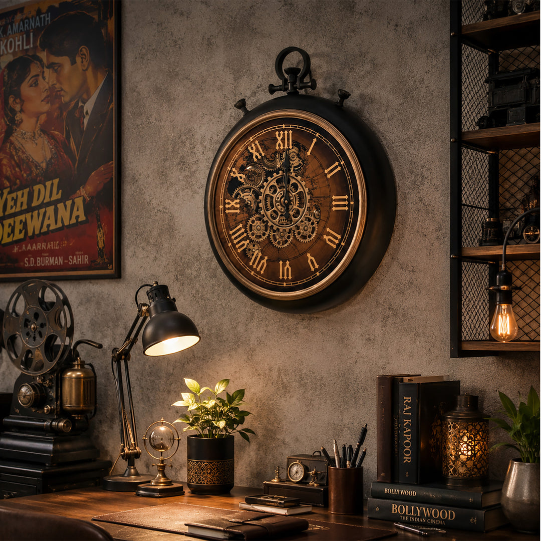 Chilli Decor Marco Map Copper FOB Stopwatch Metal Moving Gears Wall Clock 49cm TQ-E215 3