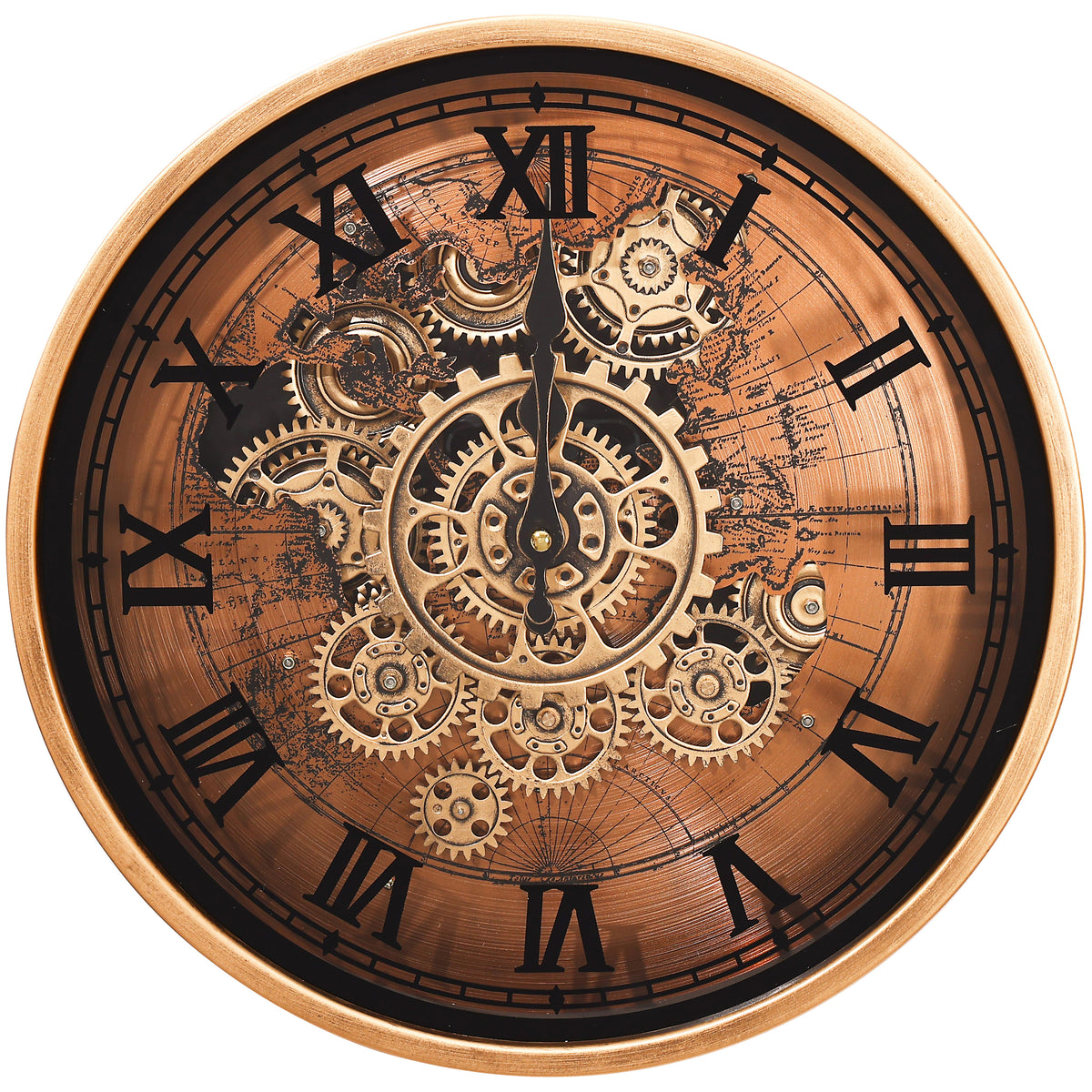 Chilli Decor Marco Map Copper Metal Moving Gears Wall Clock 35cm TQ-E212 1