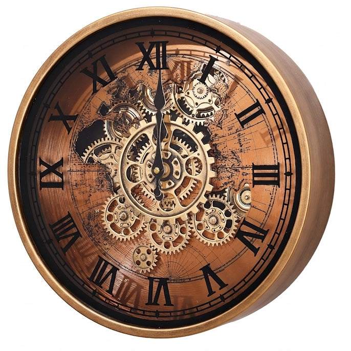 Chilli Decor Marco Map Copper Metal Moving Gears Wall Clock 35cm TQ-E212 2