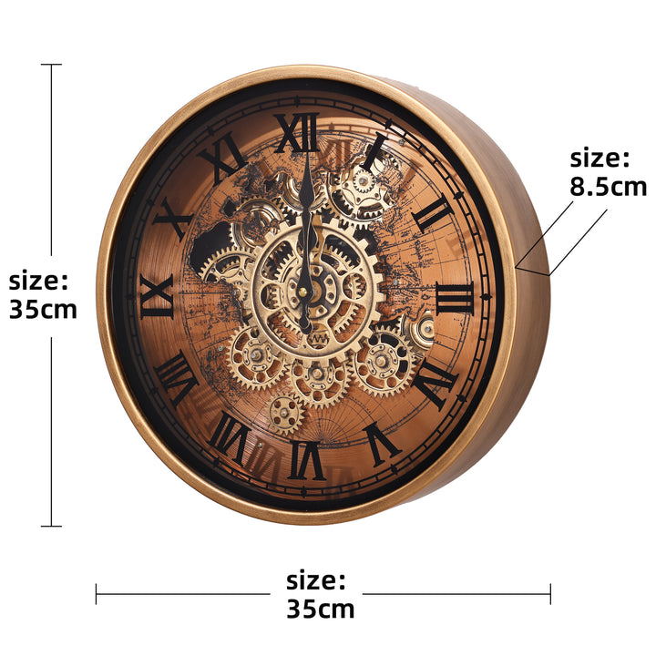 Chilli Decor Marco Map Copper Metal Moving Gears Wall Clock 35cm TQ-E212 6