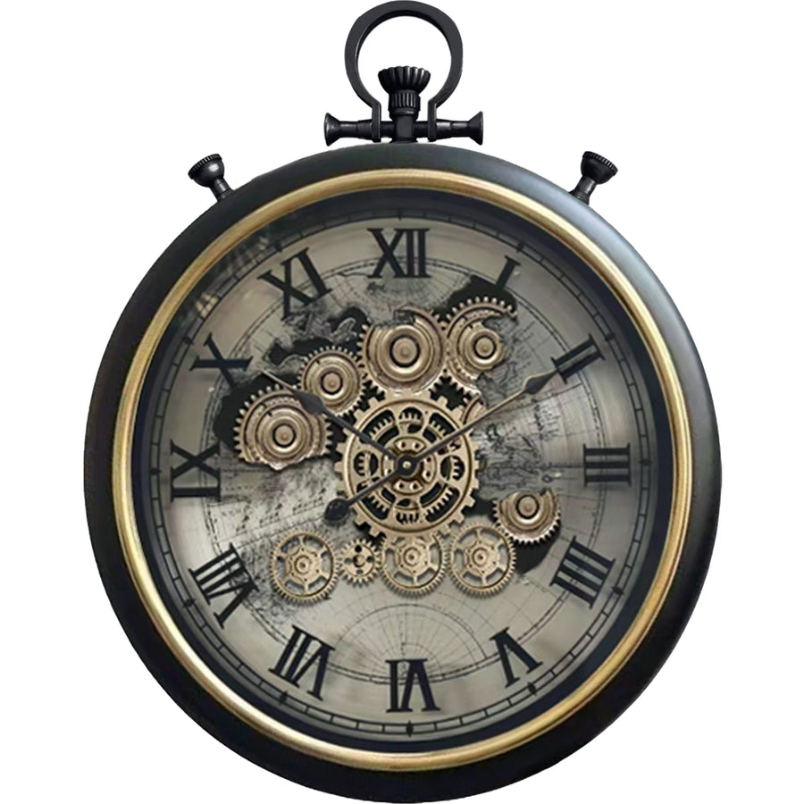 Chilli Decor Marco Map FOB Stopwatch Black Silver Moving Gears Wall Clock 62cm TQ-E155 1