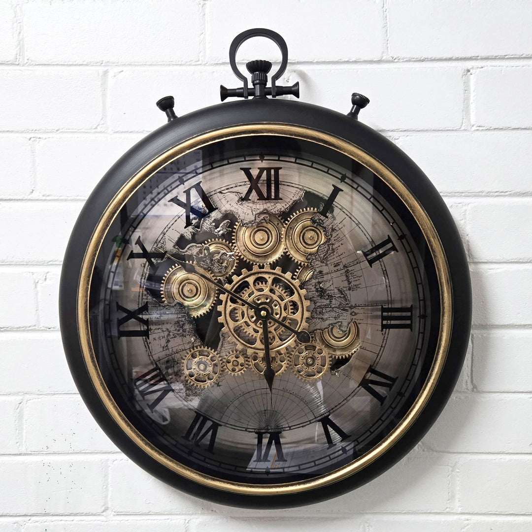 Chilli Decor Marco Map FOB Stopwatch Black Silver Moving Gears Wall Clock 62cm TQ-E155 4
