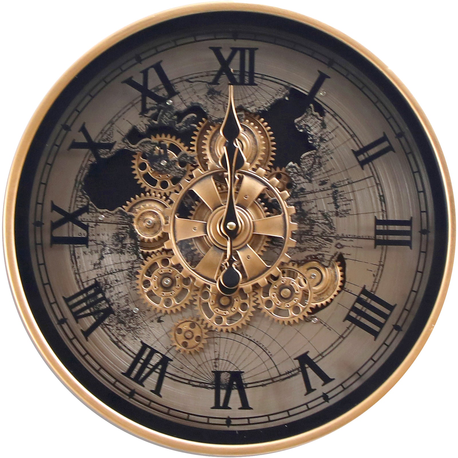 Chilli Decor Marco Map Industrial Metal Moving Gears Wall Clock Silver Black 40cm TQ-E106 1