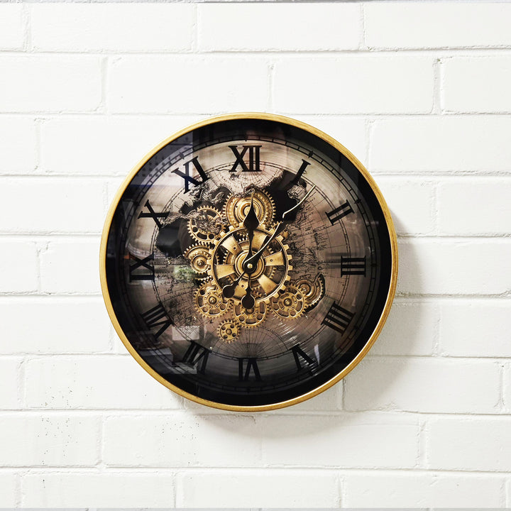 Chilli Decor Marco Map Industrial Metal Moving Gears Wall Clock Silver Black 40cm TQ-E106 5