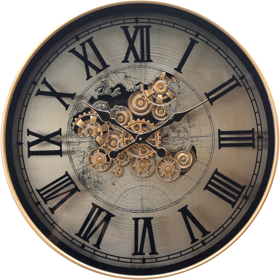 Chilli Decor Marco Map Industrial Metal Moving Gears Wall Clock Silver Gold 80cm TQ-E117 1