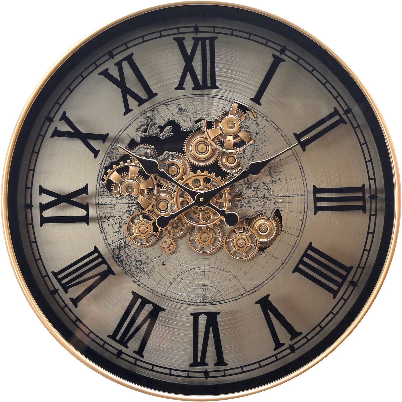 Chilli Decor Marco Map Industrial Metal Moving Gears Wall Clock Silver Gold 80cm TQ-E117 1