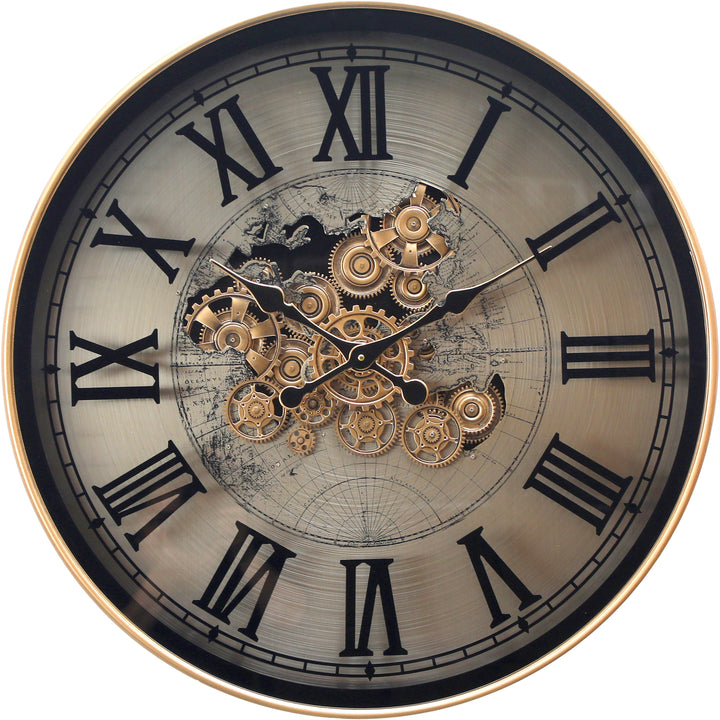Chilli Decor Marco Map Industrial Metal Moving Gears Wall Clock Silver Gold 80cm TQ-E117 1