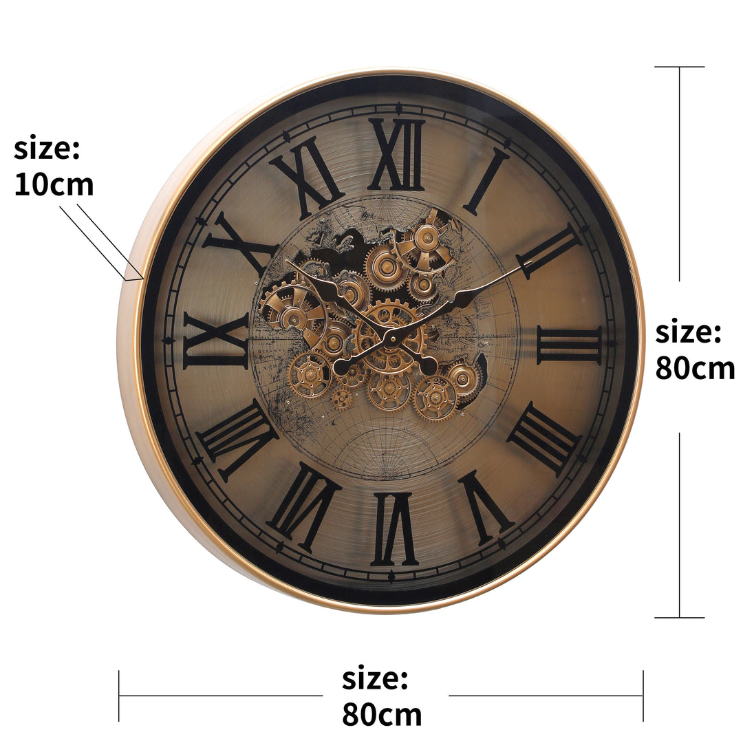 Chilli Decor Marco Map Industrial Metal Moving Gears Wall Clock Silver Gold 80cm TQ-E117 3