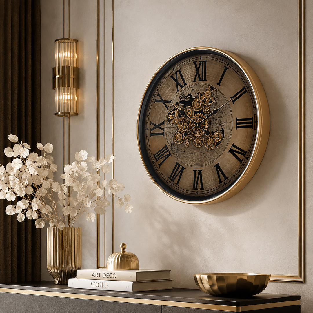 Chilli Decor Marco Map Industrial Metal Moving Gears Wall Clock Silver Gold 80cm TQ-E117 6