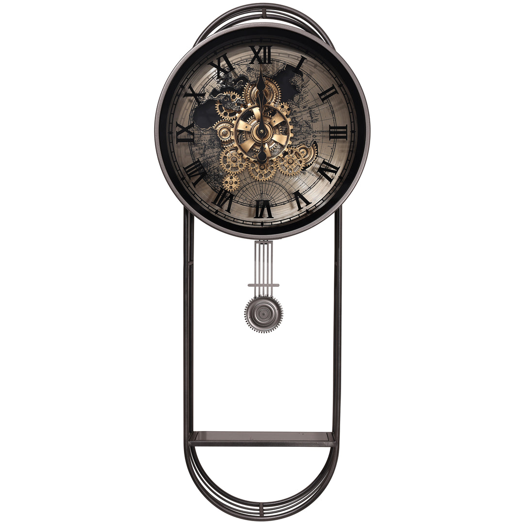 Chilli Decor Marco Map Metal Pendulum Moving Gears with Shelf Wall Clock 102cm TQ-E254 1
