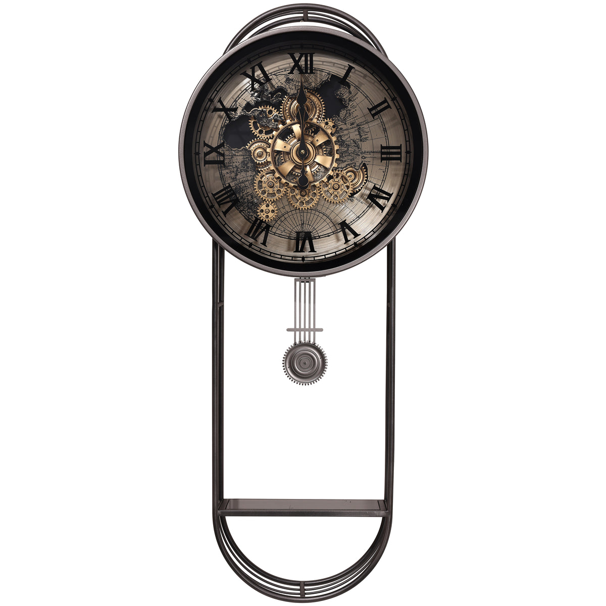Chilli Decor Marco Map Metal Pendulum Moving Gears with Shelf Wall Clock 102cm TQ-E254 1