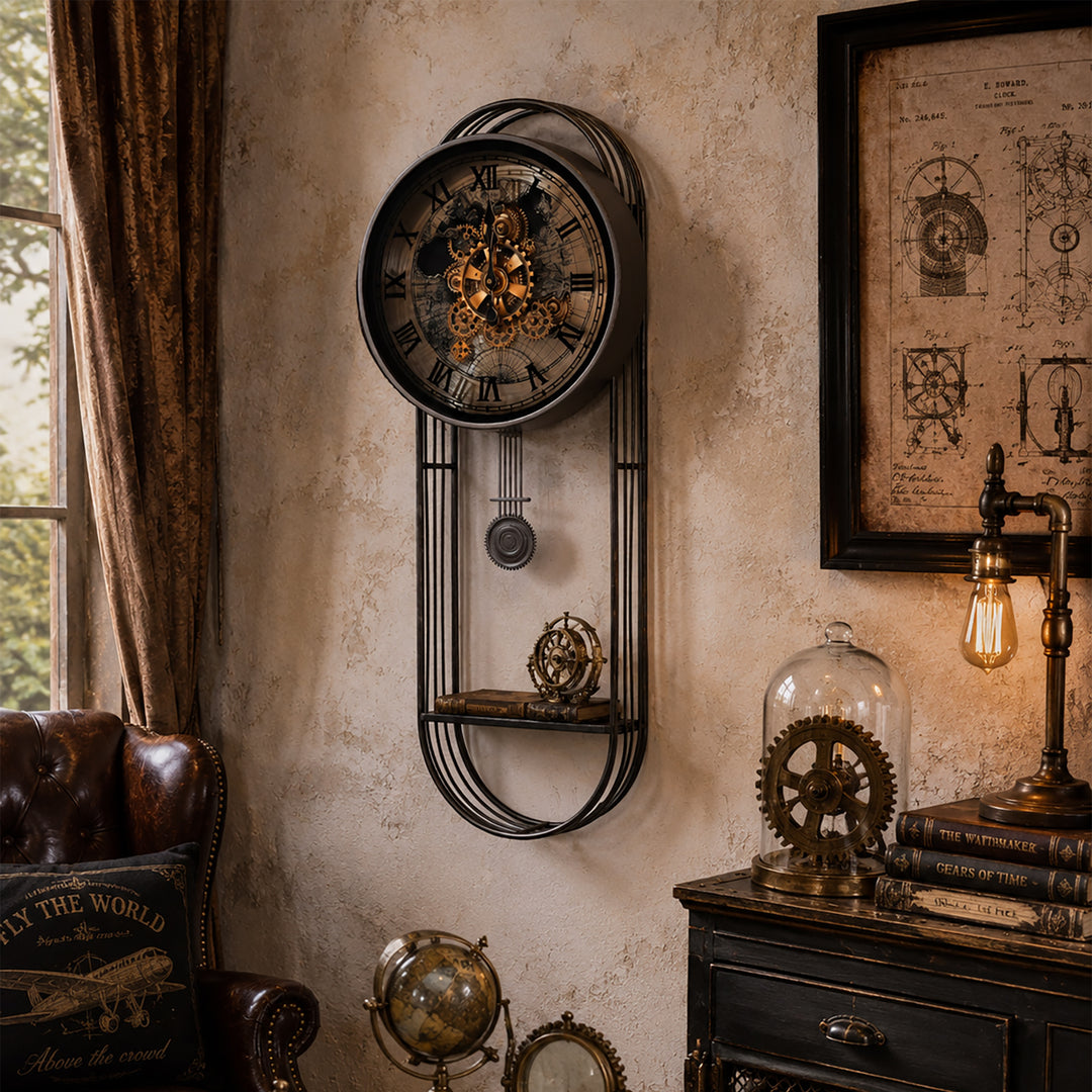 Chilli Decor Marco Map Metal Pendulum Moving Gears with Shelf Wall Clock 102cm TQ-E254 3
