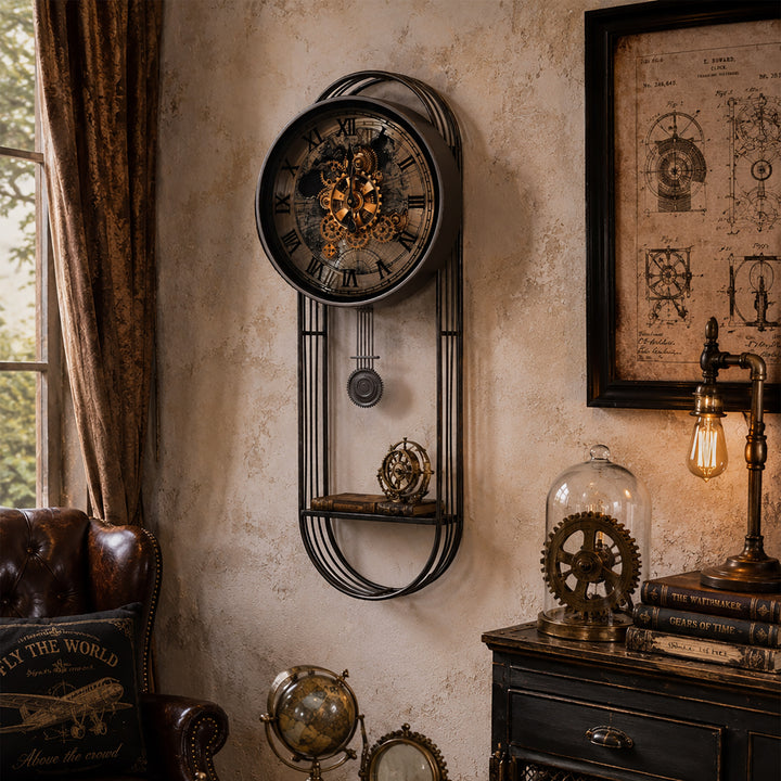 Chilli Decor Marco Map Metal Pendulum Moving Gears with Shelf Wall Clock 102cm TQ-E254 3