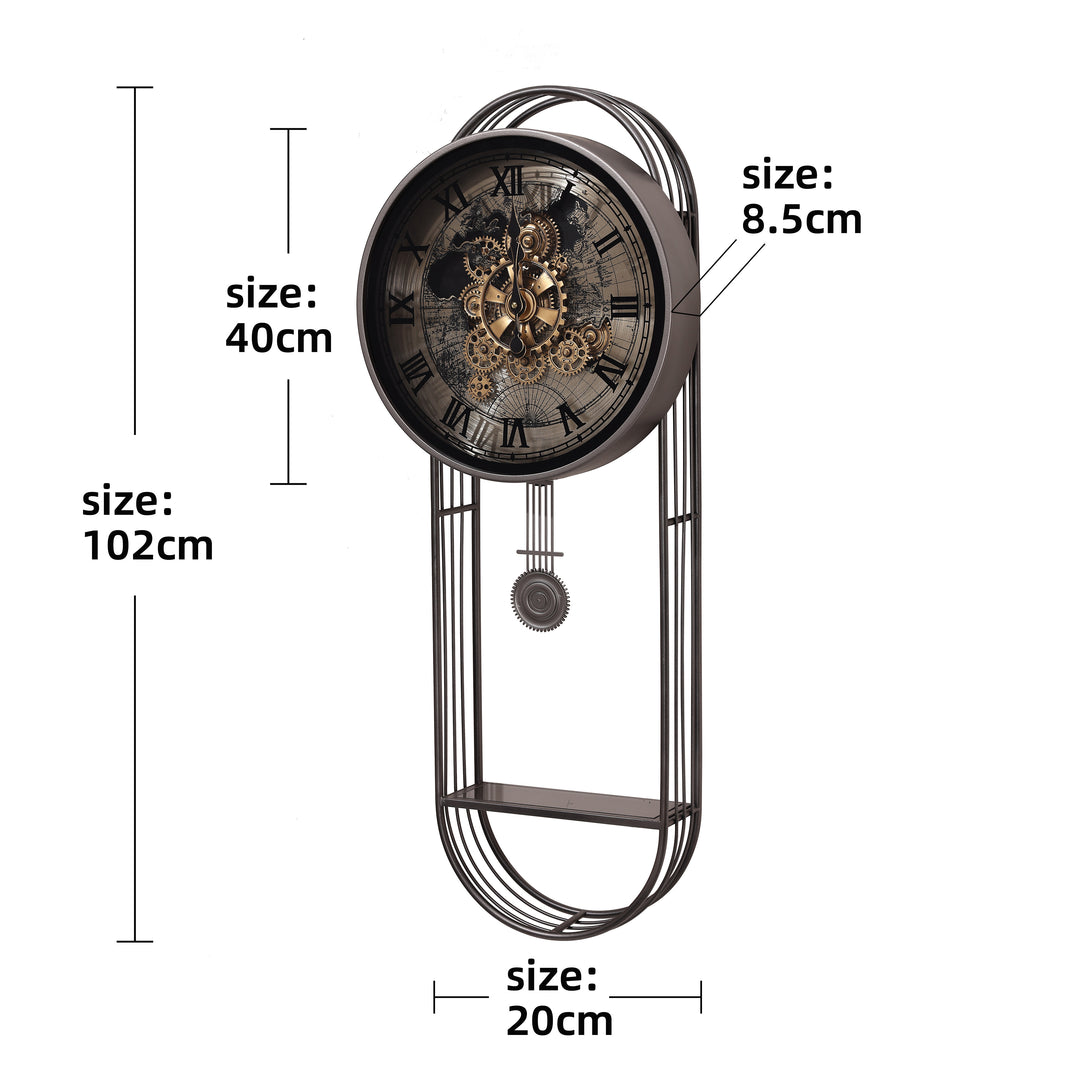 Chilli Decor Marco Map Metal Pendulum Moving Gears with Shelf Wall Clock 102cm TQ-E254 5