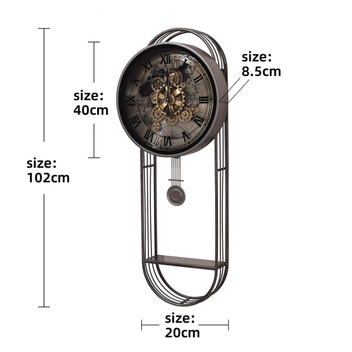 Chilli Decor Marco Map Metal Pendulum Moving Gears with Shelf Wall Clock 102cm TQ-E254 5