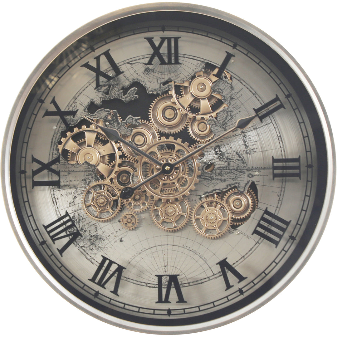 Chilli Decor Marco World Map Industrial Silver Metal Moving Gears Wall Clock 60cm TQ-E44 1